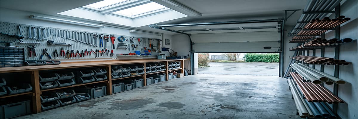 Werkstatt eines Sanitärbetriebs mit Werkbank, Lochwand, Materialkisten und geöffnetem Hallentor, KI-generiertes Beispielbild