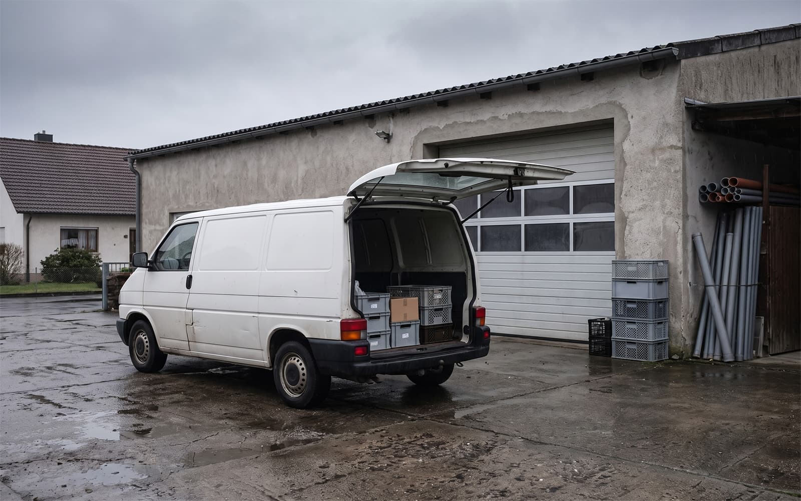 Weißer Kastenwagen mit geöffneter Heckklappe auf dem Hof vor der Werkstatt, KI-generiertes Beispielbild