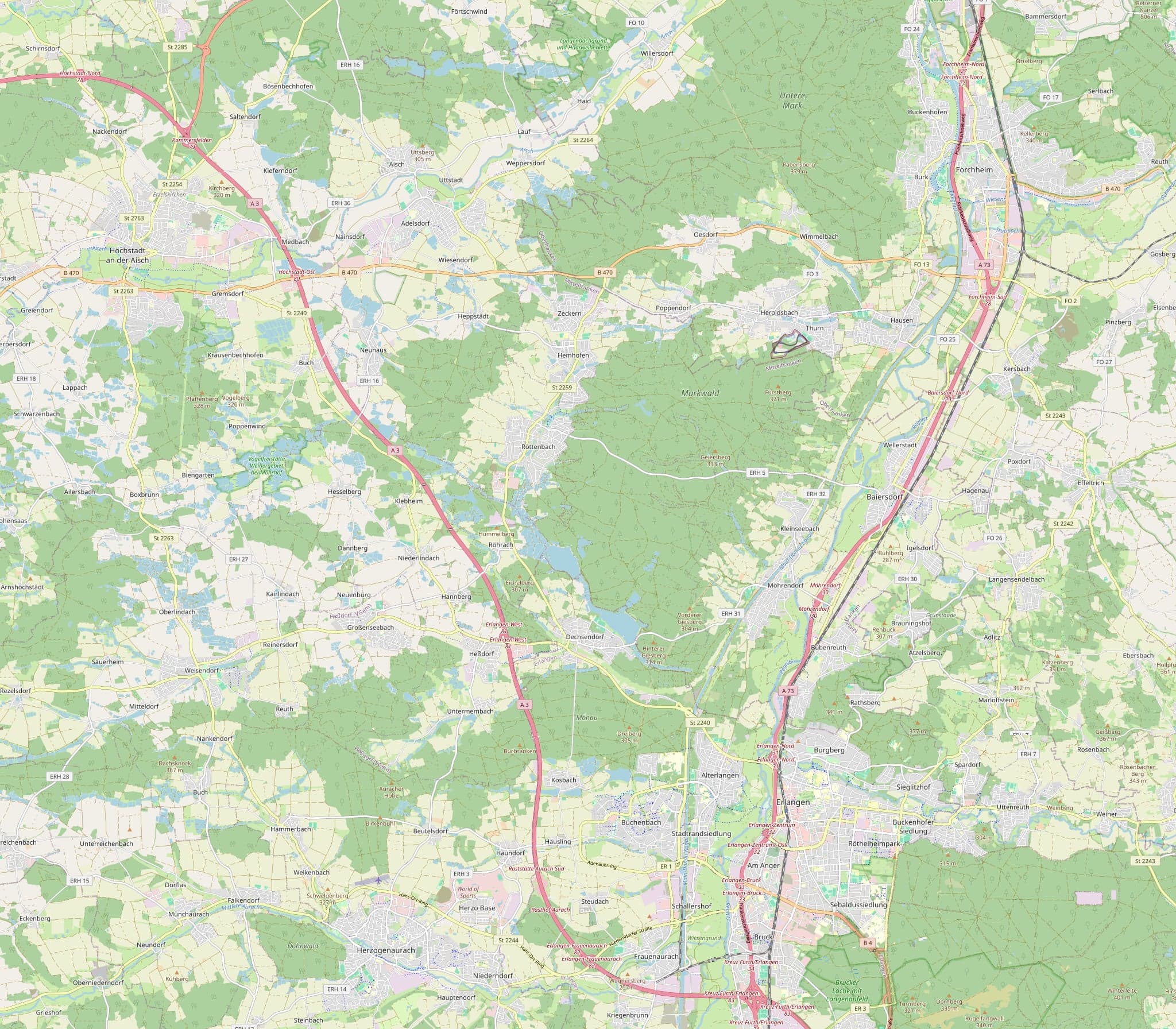 Kartenausschnitt des Einzugsgebiets mit Adelsdorf, Höchstadt an der Aisch, Forchheim, Erlangen und Herzogenaurach