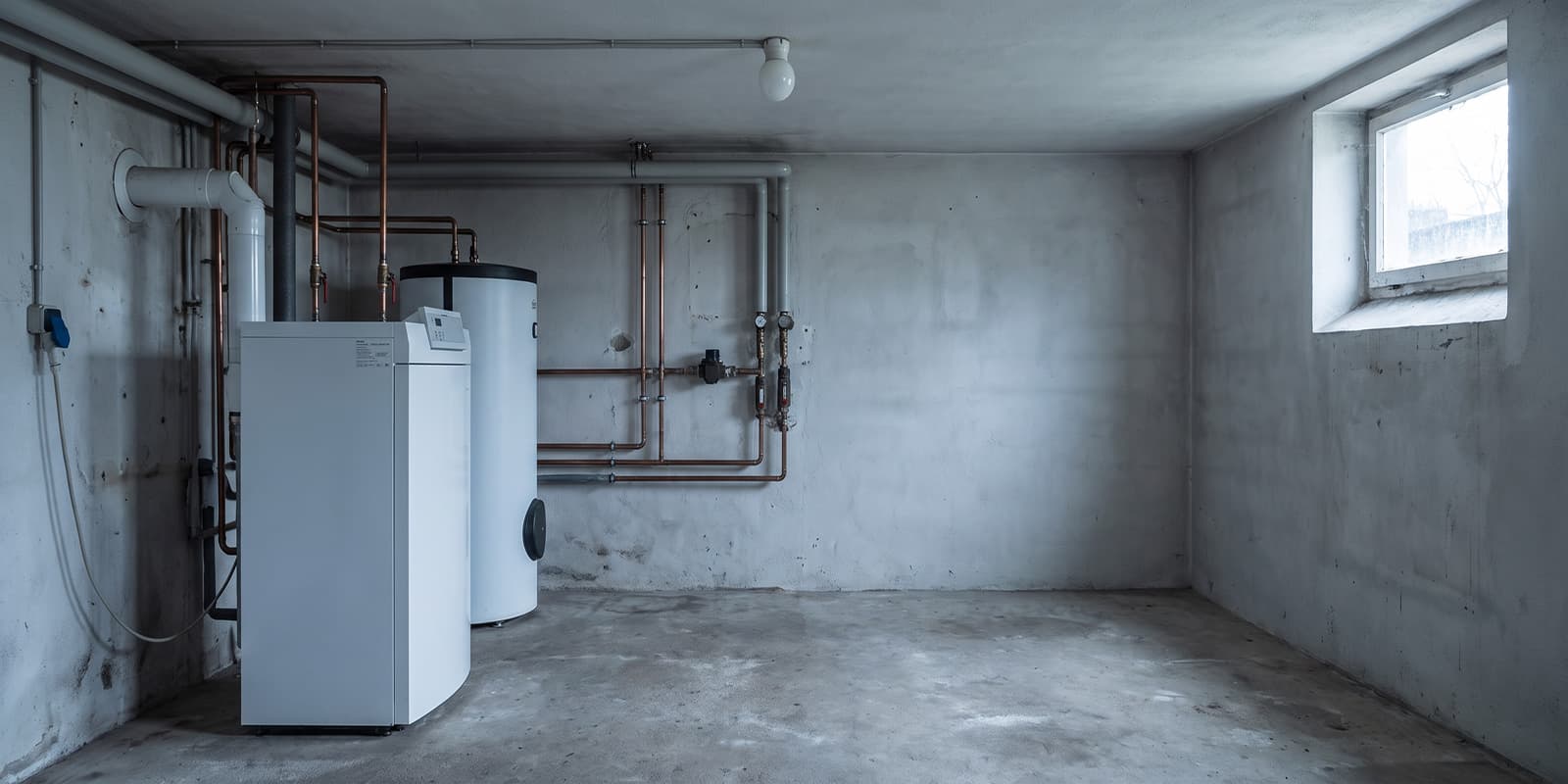 Heizungsraum mit bodenstehendem Heizkessel, Warmwasserspeicher und gedämmten Rohrleitungen, KI-generiertes Beispielbild